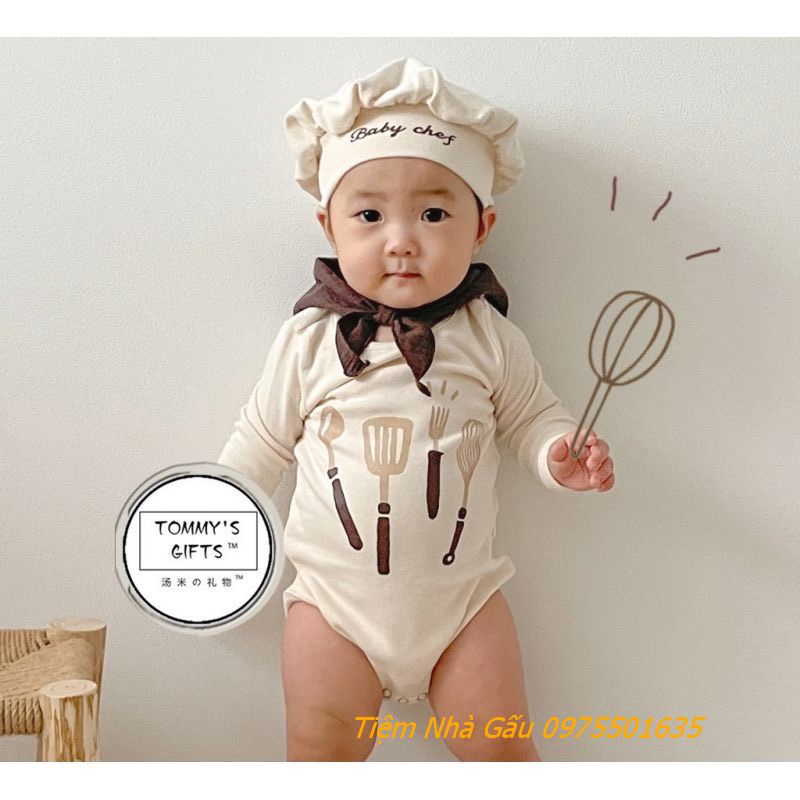 Set 3 chi tiết body kèm yếm và mũ đầu bếp Baby Chef Chụp Ảnh Đầy Tháng Thôi nôi Cho Bé Trai/Bé Gái 4-14kg Hàng Cao Cấp