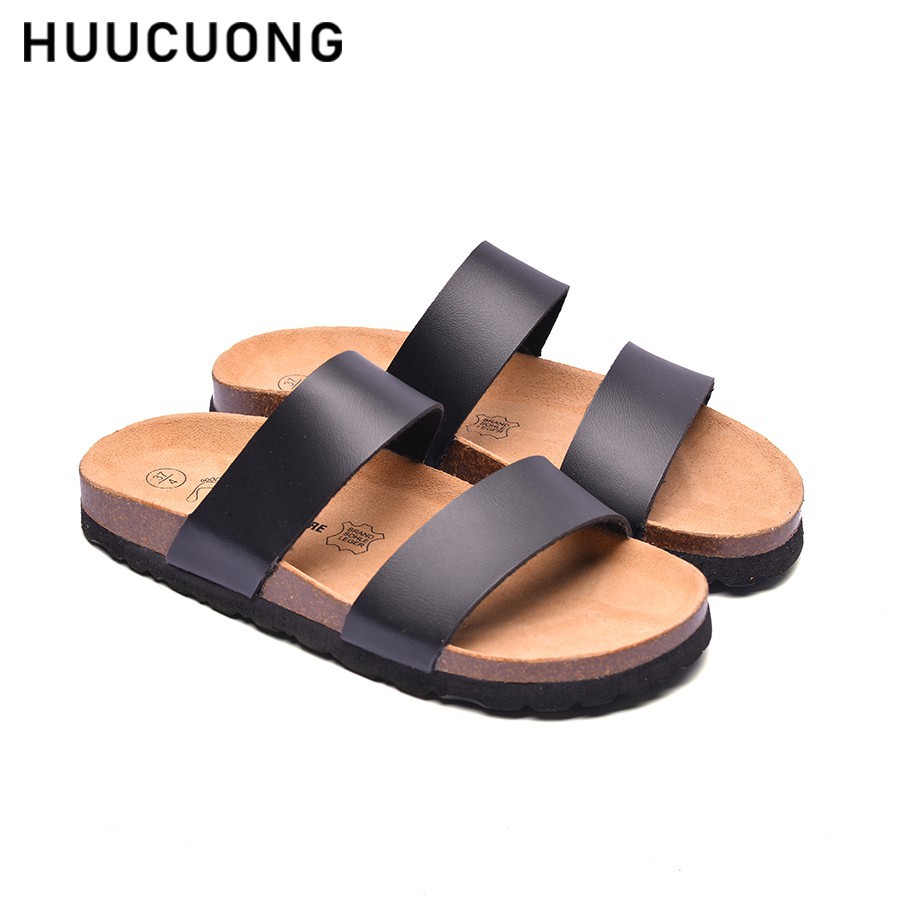 Dép unisex HUUCUONG 2 quai ngang pu đế trấu handamde