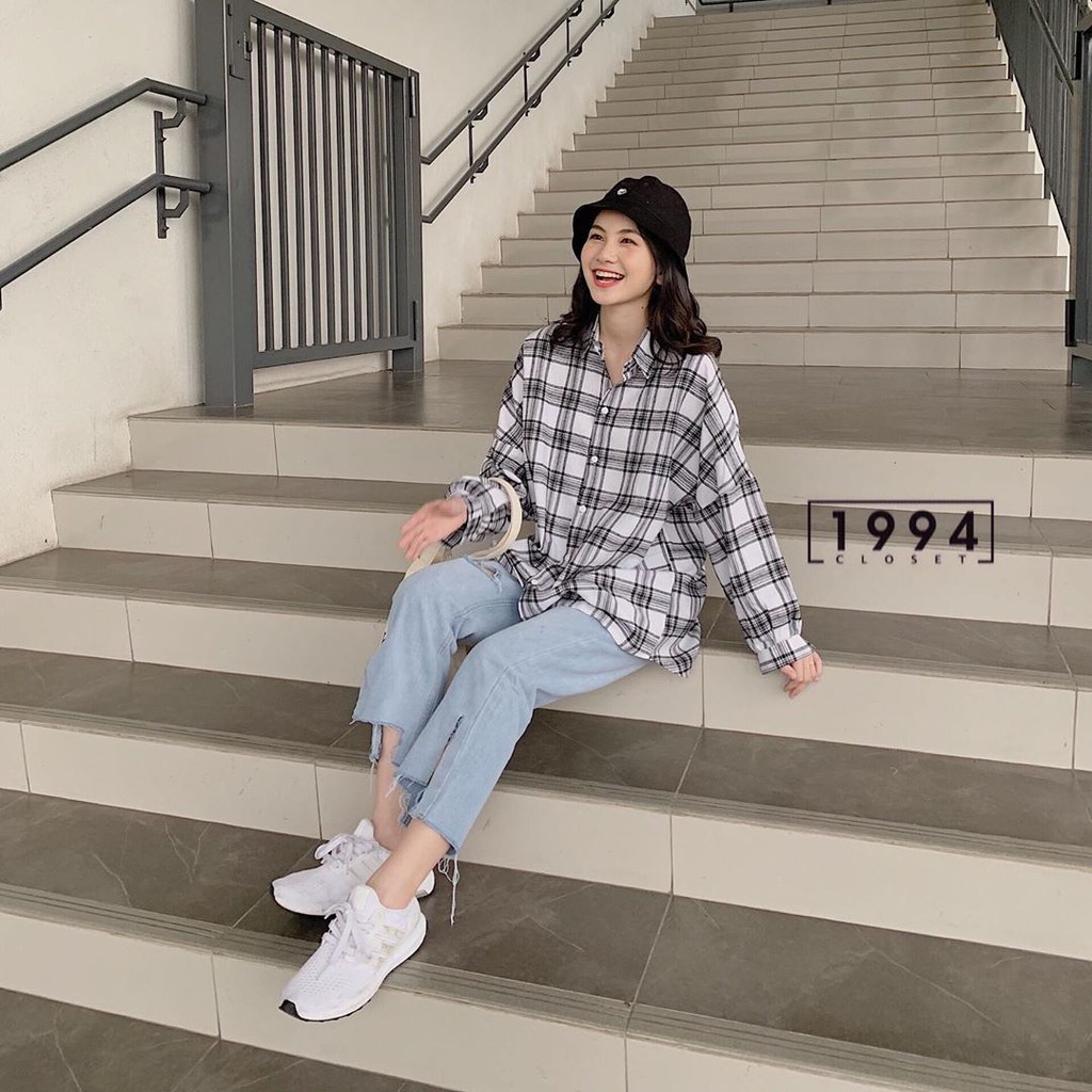 ÁO SOMI CARO DÁNG DÀI FLANEL UNISEX FORM RỘNG MÀU XÁM ĐEN TRẮNG LẠ - ÁO KHOÁC CARO BASIC HOT