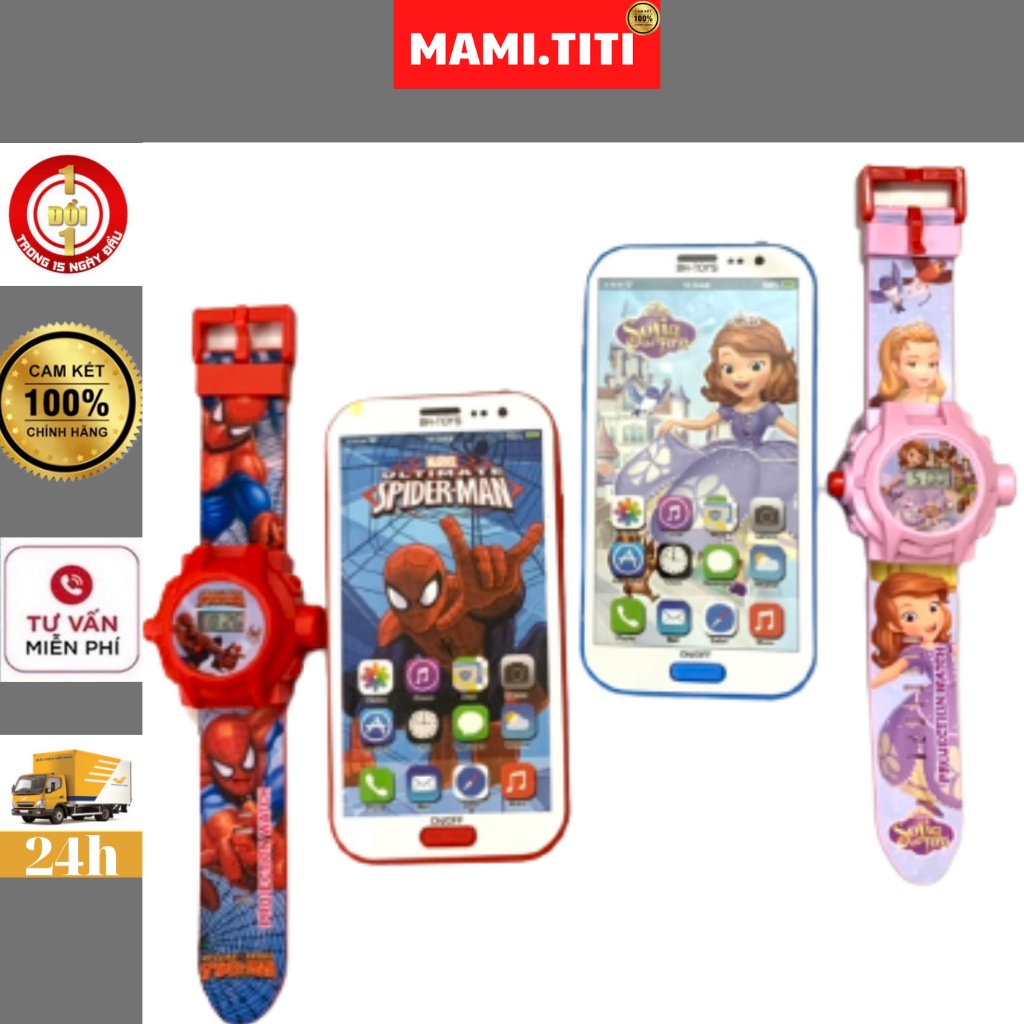 Điện thoại đồ chơi cho bé, (Tặng kèm đồng hồ) Điện thoại đồ chơi SPIDER - MAN & Công Chúa SOFIA