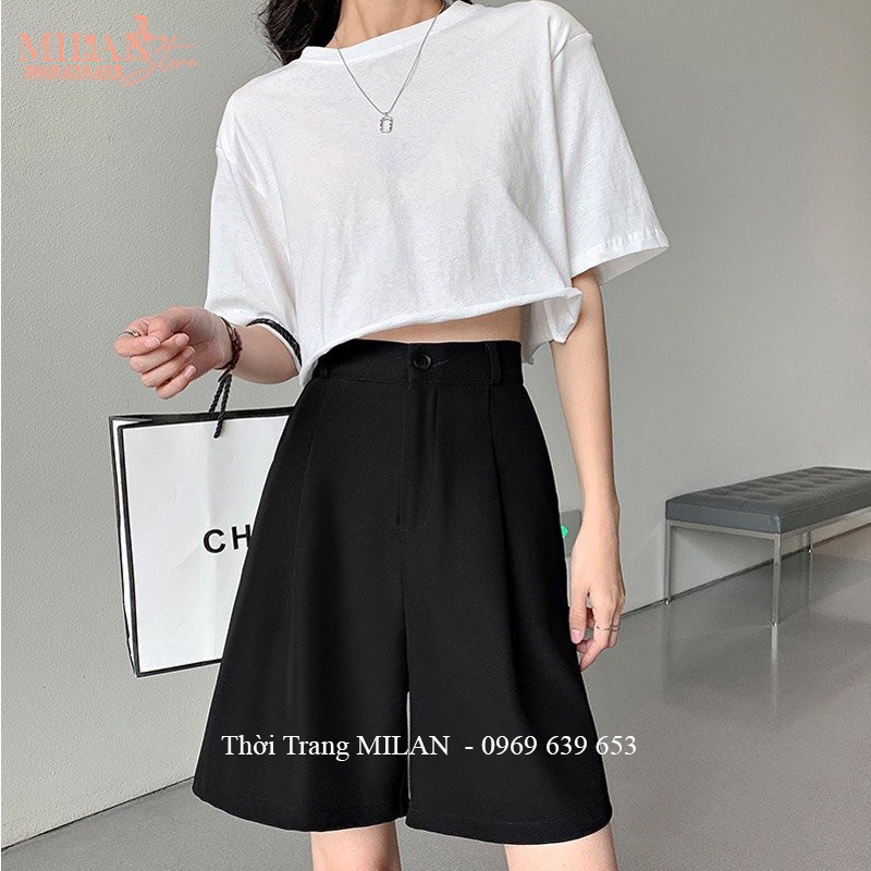 Quấn short lửng nữ ống rộng cạp lưng cao khóa kéo dáng quần đùi lửng nữ qua gối vải dày mặc đi biển ở nhà thể thao gym