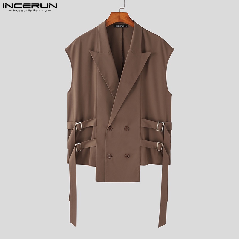 Áo khoác blazer INCERUN không tay dáng rộng phong cách vintage thời trang dành cho nam giới