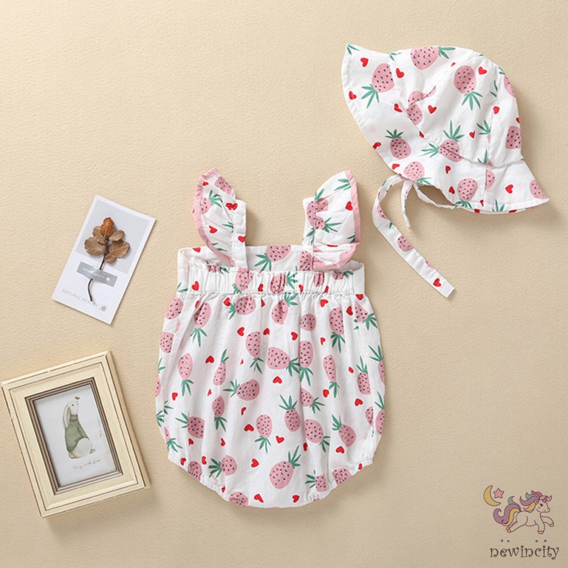 Trang phục jumpsuit tay loe họa tiết quả dứa + nón cho bé gái