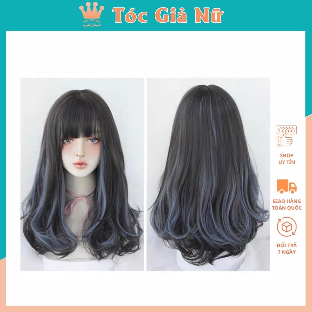 Tóc giả nữ nguyên đầu xoăn nhẹ phối line xanh dương, mẫu lửng 45cm, tặng lưới wig, TGN, C8267