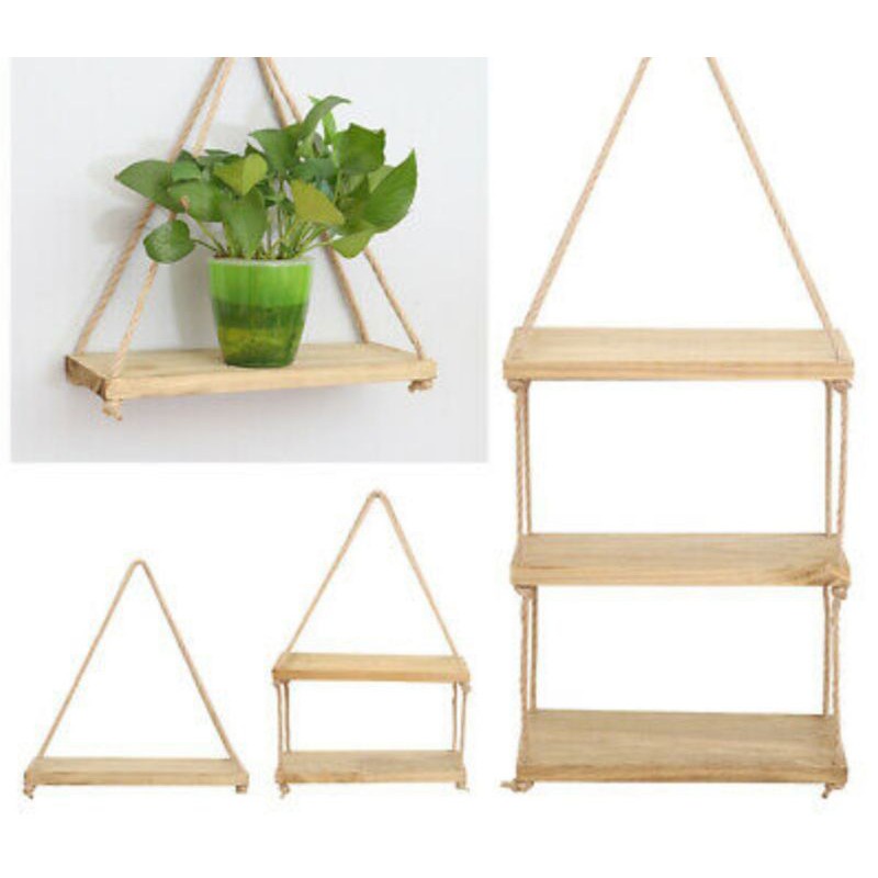 Kệ gỗ trang trí, decor đẹp xinh, treo dây thừng phong cách Boho 15x40x1.8cm