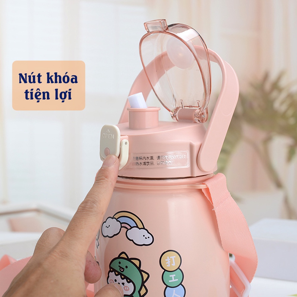 Bình Nước Giữ Nhiệt Cao Cấp Dung Tích 850ML Chất Liệu Inox 304 Có Ống Hút Và Dây Đeo Tặng Kèm Sticker Dễ Thương