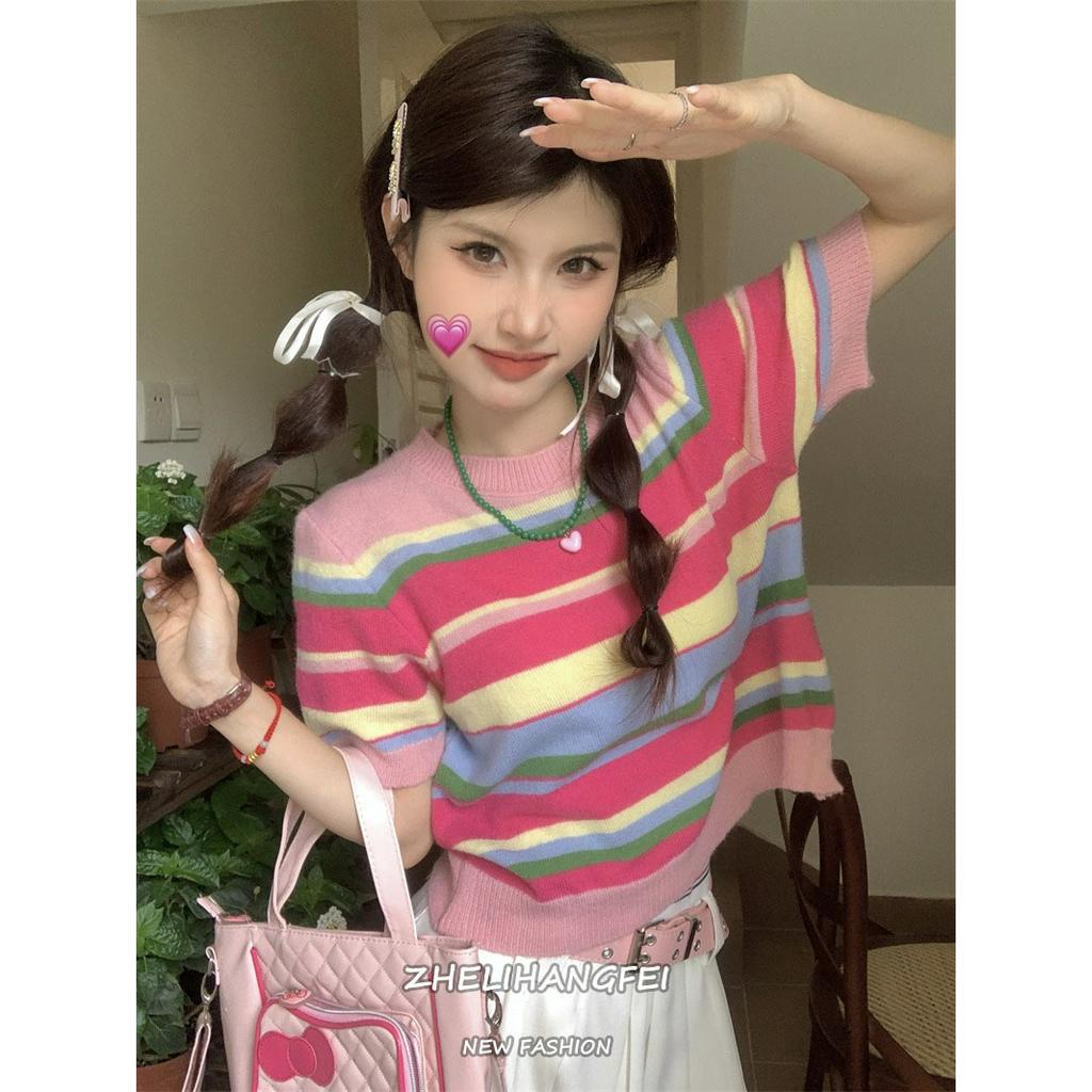 ZHELIHANGFEI Áo Sweater Tay Ngắn Dáng Rộng Họa Tiết Kẻ Sọc Nhiều Màu Sắc Mỏng Nhẹ Thời Trang Xinh Xắn Cho Nữ
