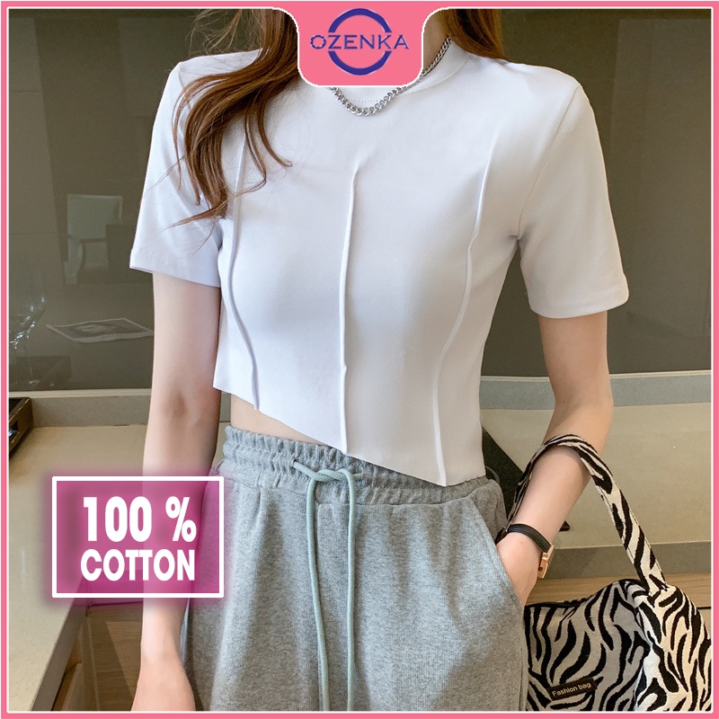 Áo croptop ngắn tay cổ tròn vạt lệch ozenka , áo crt nữ ôm body rẻ đẹp thun gân 100% cotton màu đen trắng dưới 55 cân