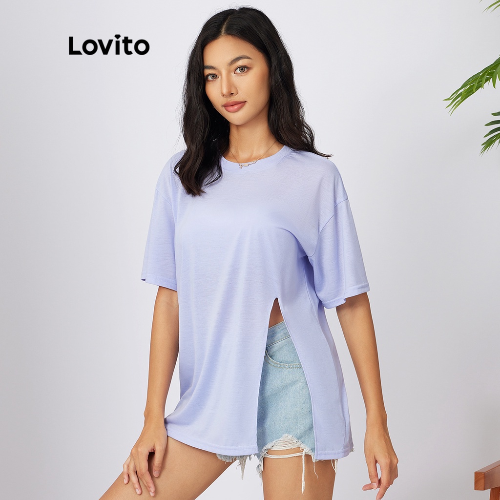 Áo thun trơn Lovito tay lỡ xẻ trước cổ tròn L21AS060 (màu tím)