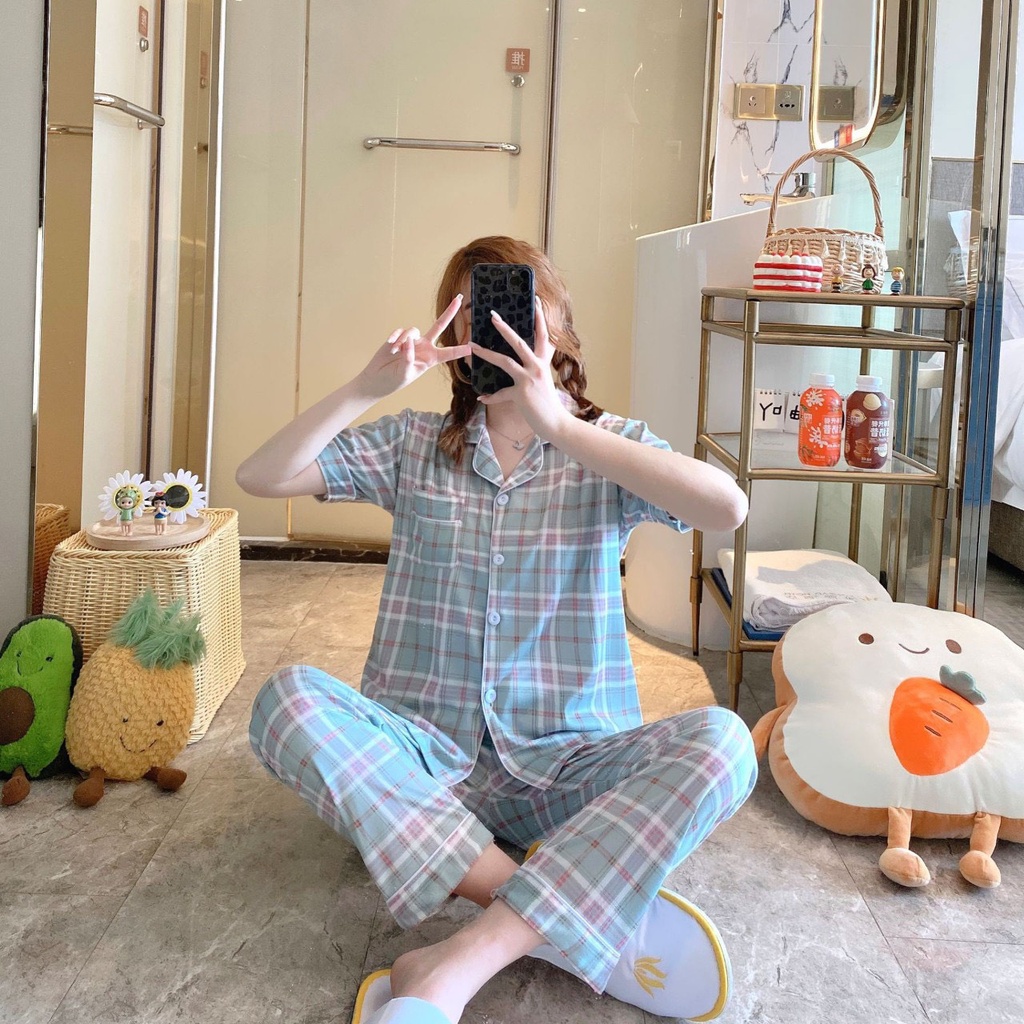 Pyjama tay ngắn quần dài cho các bạn gái mặc nhà, chất liệu thô mềm thoải mái | Shini Store