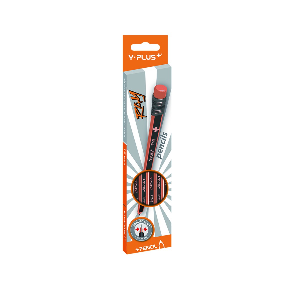HỘP 12 CÂY BÚT CHÌ GỖ THÂN ĐEN CAM CÓ TẨY HB - YPLUS PX1203
