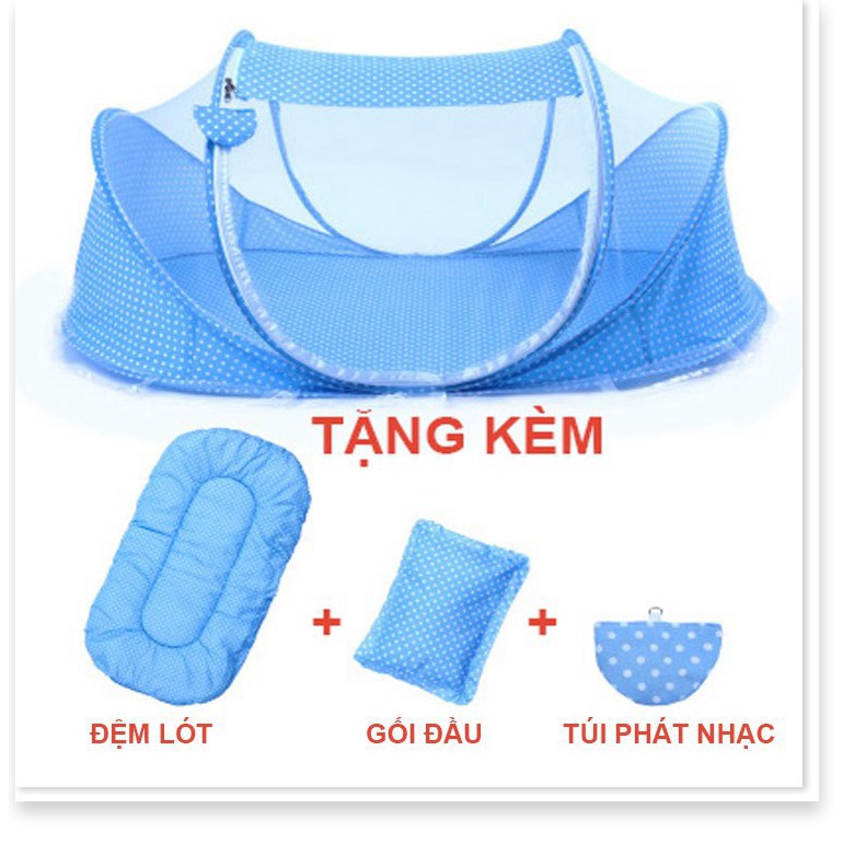 Màn, mùng, nôi chụp cho em bé có nhạc, kèm đệm lót, gối đầu