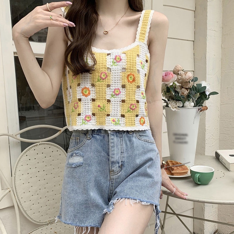 Áo Croptop Dệt Kim Đan Len Họa Tiết Hoa Màu Sắc Tương Phản Thời Trang Cho Nữ