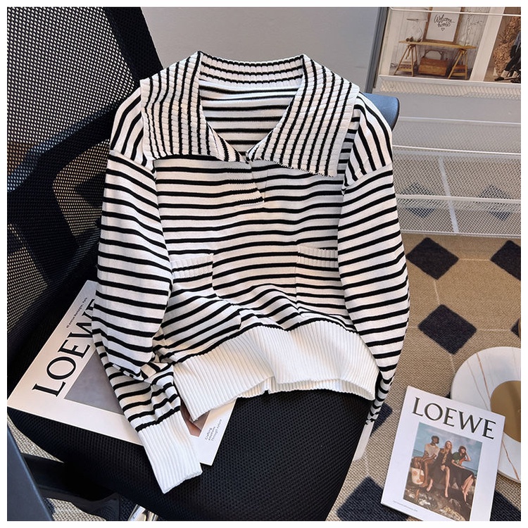 Áo sweater Dệt Kim Cổ Polo Tay Dài Kẻ Sọc Thiết Kế Mới Mùa Thu Dễ Phối Đồ Cho Nữ