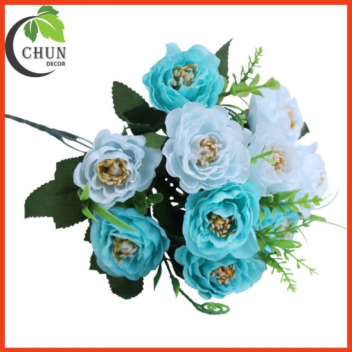 Hoa giả, cành hoa hồng trà 10 bông kèm lá điểm sang trọng trang trí nhà cửa