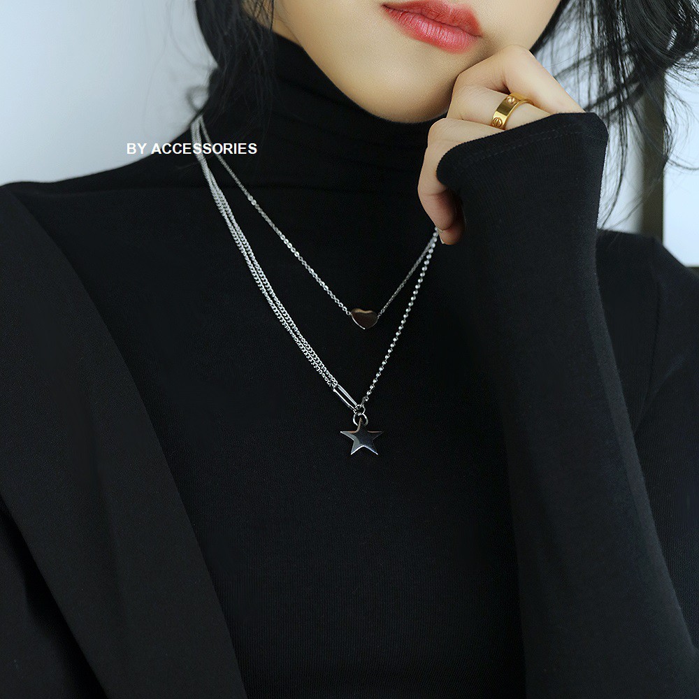 Set dây chuyền titan 2 tầng trái tim và ngôi sao không gỉ