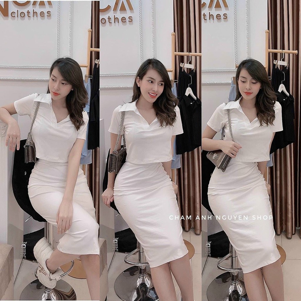 Set bozip xinh áo croptop cổ bẻ mix chân váy bút chì xinh ảnh thật tôn dáng