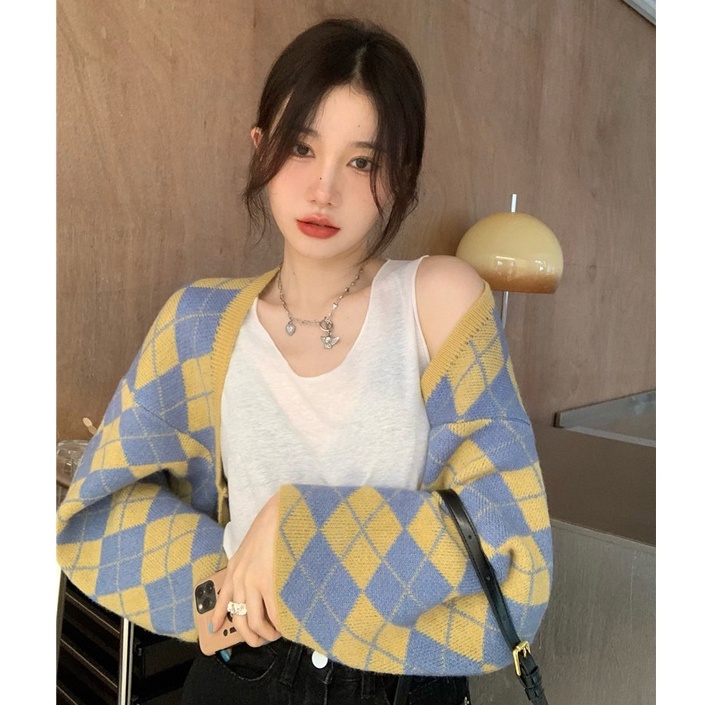 Porozi  Áo khoác cardigan kiêm khăn choàng dài họa tiết kim cương phong cách Hàn Quốc xinh xắn dành cho nữ