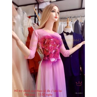 áo dài hoa mẫu đơn- áo dài tết truyền thống cổ tròn
