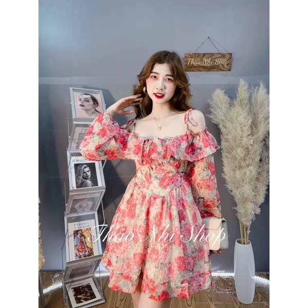Đầm voan hoa xoè rớt bẹt vai tay dài Đầm váy đi chơi dạo phố du lịch đi biển hotgirl thiết kế