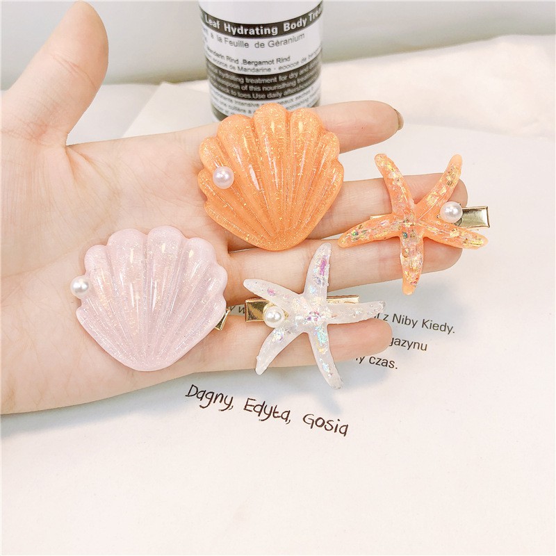Kẹp tóc vỏ xò san hô đính ngọc trai nhân tạo [ SEt 2 Chiếc ] [ MÃ C101 ]