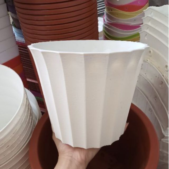 (23x19cm) Chậu nhựa tròn khía Trắng để bàn trồng hoa, cây cảnh siêu đẹp, hàng CN dày,cứng, bền