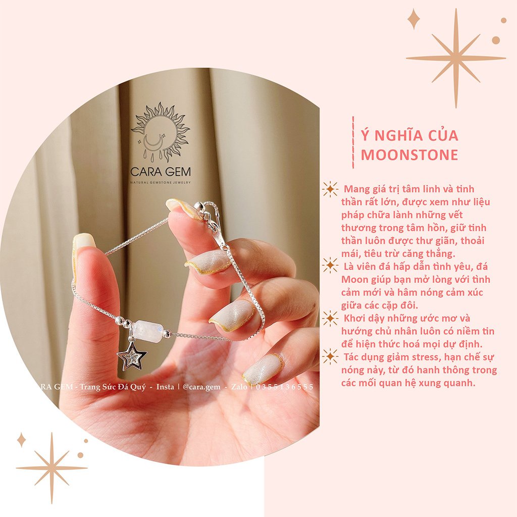 Vòng Tay Bạc Nữ Lu Thống Moonstone Mix Charm Bạc 925 May Mắn Cara Gem CR25