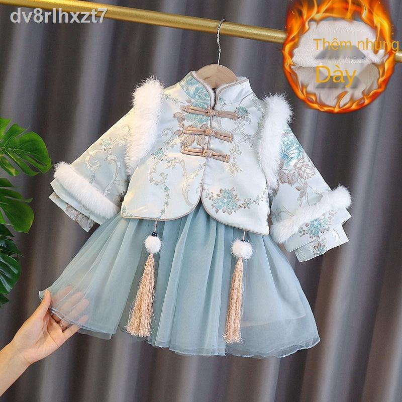 ❄✣○Bé gái Hanfu cộng với váy nhung phù hợp mùa thu và đông quần áo trẻ em Tang sườn xám dày Thủy triều năm mới
