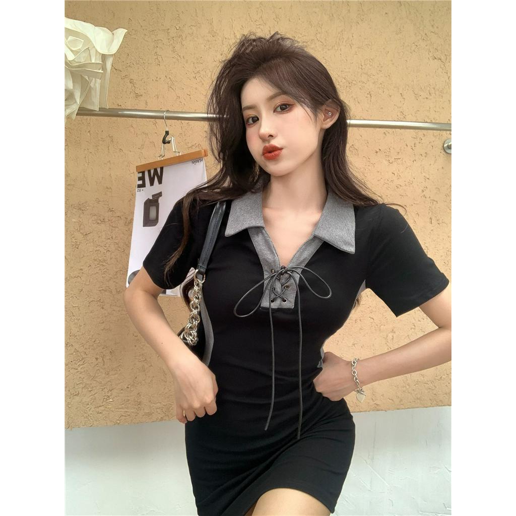 Đầm Ngắn Tay Cổ Bẻ Cột Dây Eo Ôm Dáng Thời Trang Cho Nữ