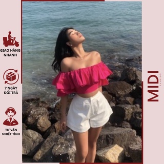 Áo croptop trễ vai Midi Shop, croptop tay ngắn bánh bèo có thun ngực hai tầng