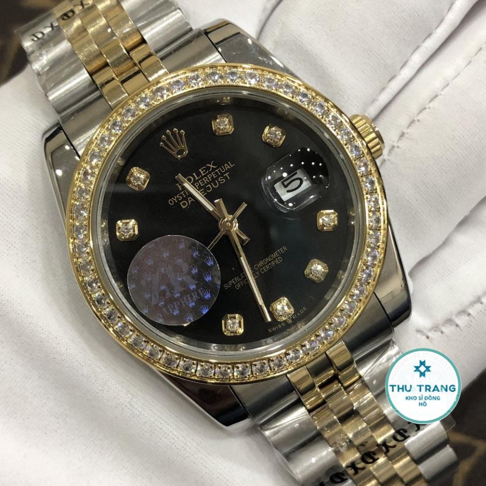 Đồng hồ Nam Rolex máy nhật, mẫu classic, mặt đen viền vàng đính đá dây kim loại, dòng cơ Automatic size 39mm-40mm
