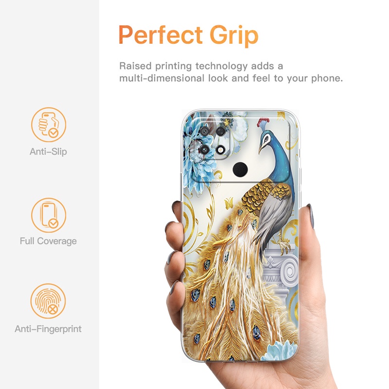 Vỏ ốp điện thoại lưng Xiaomi POCO C40 TPU Silicone mềm trong suốt chống va đập Con công hoa 28