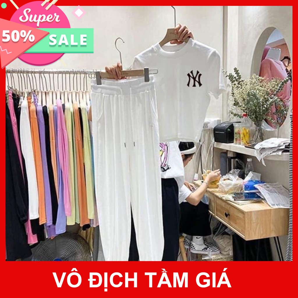 Đô bộ nữ Cotton Logo Ngực Áo Croptop Quần Dài Cho Nữ