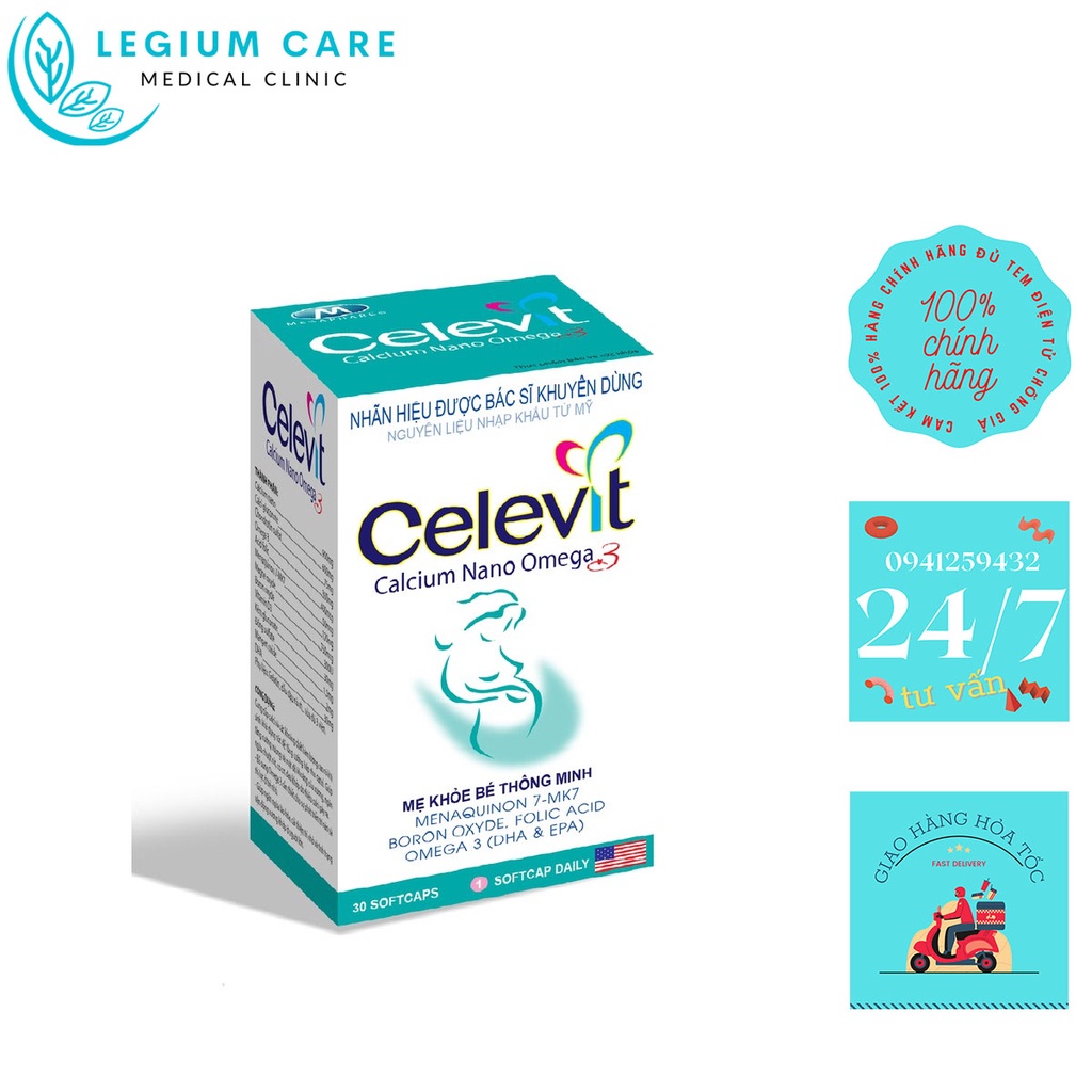 VIÊN UỐNG BỔ SUNG CANXI CHO BÀ BẦU - NGÀY DÙNG 1 VIÊN DUY NHẤT - CELEVIT CALCIUM NANO OMEGA 3 - LỌ 30 VIÊN