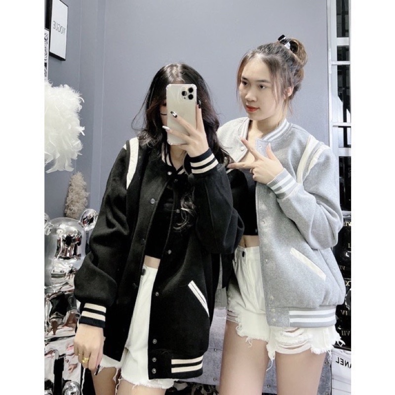 Áo Khoác Nỉ Bomber Viền Vai Phối Kẻ Sọc Trắng Unisex Nam Nữ Form Rộng Hàn Quốc Phong Cách Trẻ Trung