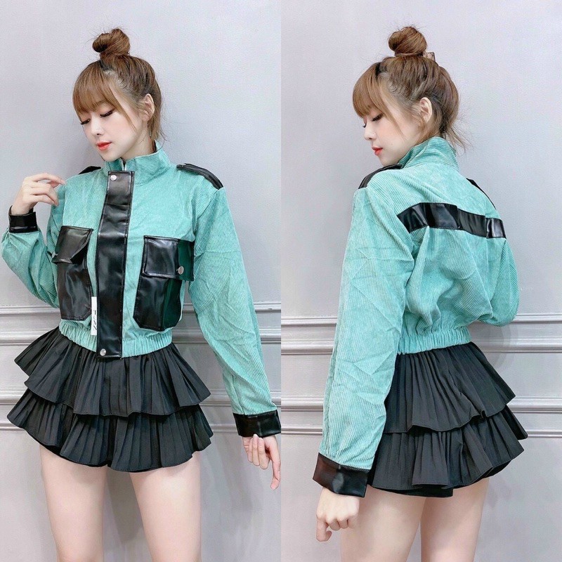 Áo khoác nhung nữ bomber form lửng phối túi da xinh xắn | BigBuy360 - bigbuy360.vn