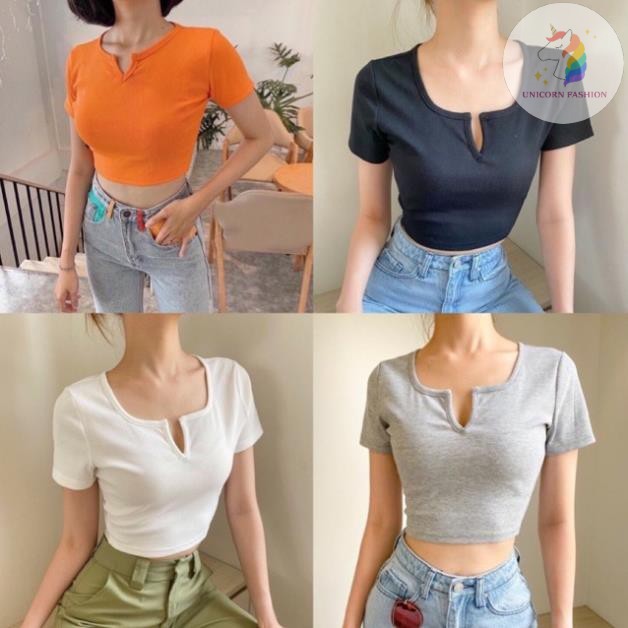 Áo Thun Croptop Tay Ngắn Cổ Chữ V Trái Tim Cá Tính Cam Đen Trắng Xám Xanh Than SHTACR02 Mys hitshop