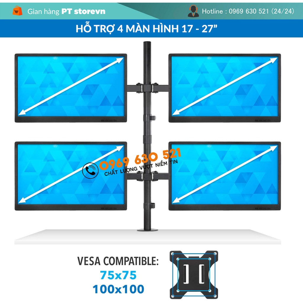 Giá Treo Bốn Màn Hình Máy Tính 17 - 27 Inch - Model: MS054 - Tay Đỡ Màn Hình Xoay 360 Độ - Tải Trọng 8Kg 1Tay