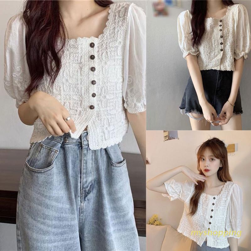 Áo Kiểu Cổ Vuông Tay Phồng Thêu Ren Phong Cách Pháp Ngọt Ngào Thời Trang Mùa Hè Cho Nữ