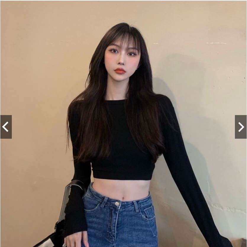 Áo Croptop Tay Dài Cổ Tròn Chất Thun Gân kiểu Dáng Ôm Body Cực Tông Dáng Sexy Hàng Siêu Đẹp