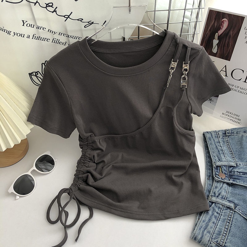 Áo Thun Croptop Cổ Tròn Tay Ngắn Phong Cách Hàn Quốc Thời Trang Mùa Hè Xinh Xắn Cho Nữ