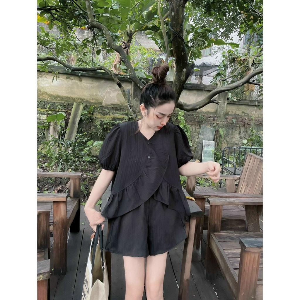 Bộ Đũi Xốp Gân Cao Cấp,Sét Bộ Kiểu Tay Phồng Chéo Tà Phối Bèo Xinh Xĩu Chất Đẹp Chuẩn Shop