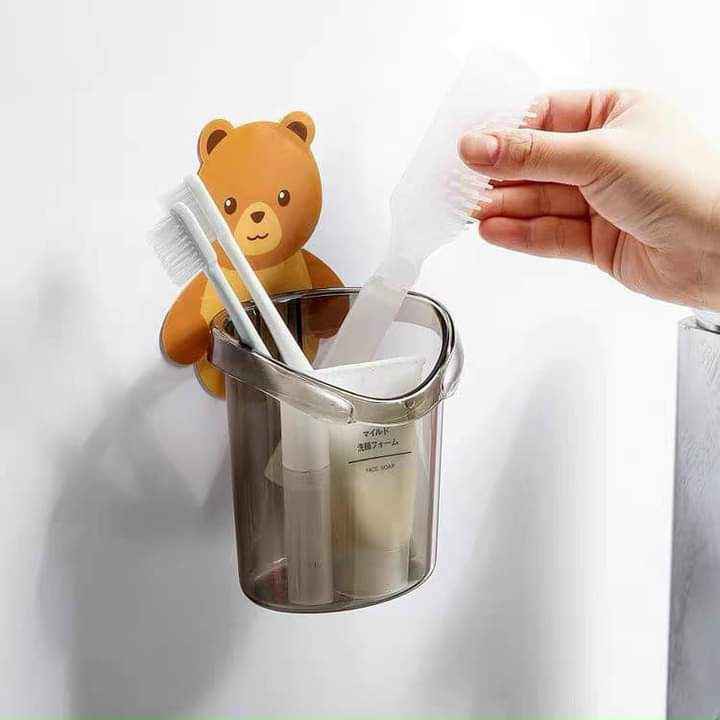 Cốc gấu dán tường để bàn chải đánh răng hình gấu có lỗ thoát nước tiện lợi - cốc để bàn chải