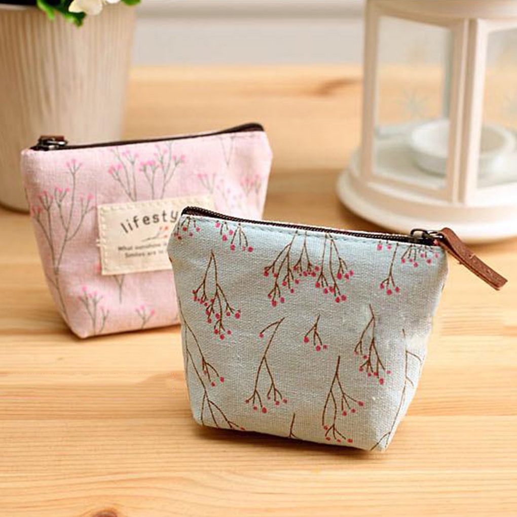 Ví mini vải canvas họa tiết hoa có dây kéo đựng tiền xu/ chìa khóa/ thẻ