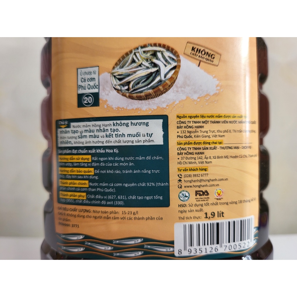 [BÌNH 1.9 Lít] [20N] NƯỚC MẮM CAO ĐẠM [VN] HỒNG HẠNH Fish Sauce (halal)