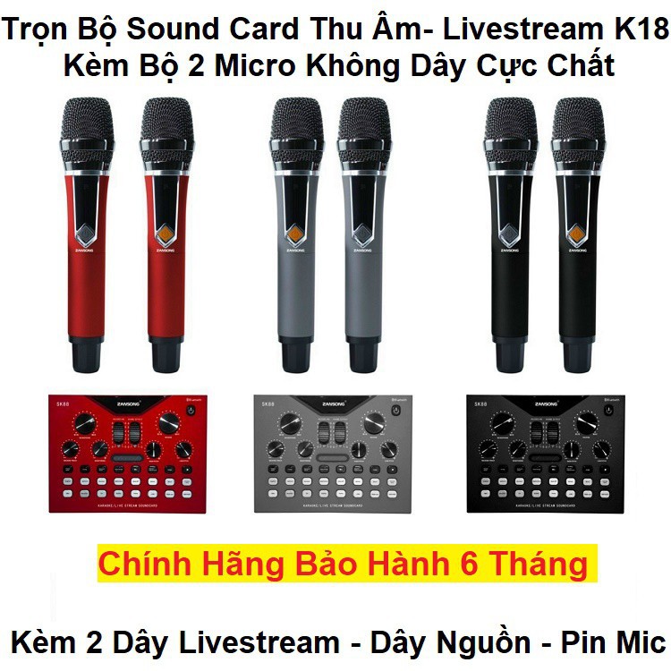 Bộ Mixer Karaoke LiveStream Zansong K18, Kèm 2 Micro Không Dây - Chuyên Karaoke Trên ÔTÔ - Ghép Loa Kéo