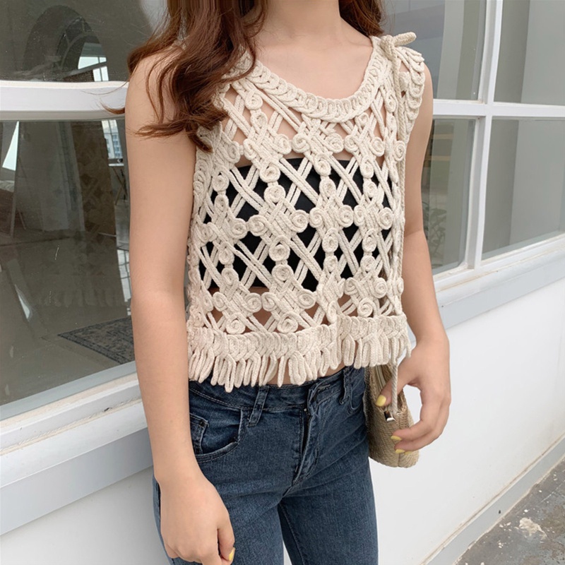Áo Hai Dây Dệt Kim Dáng Ngắn Siêu Nhẹ Phong Cách Boho Thời Trang Mùa Hè Cho Nữ
