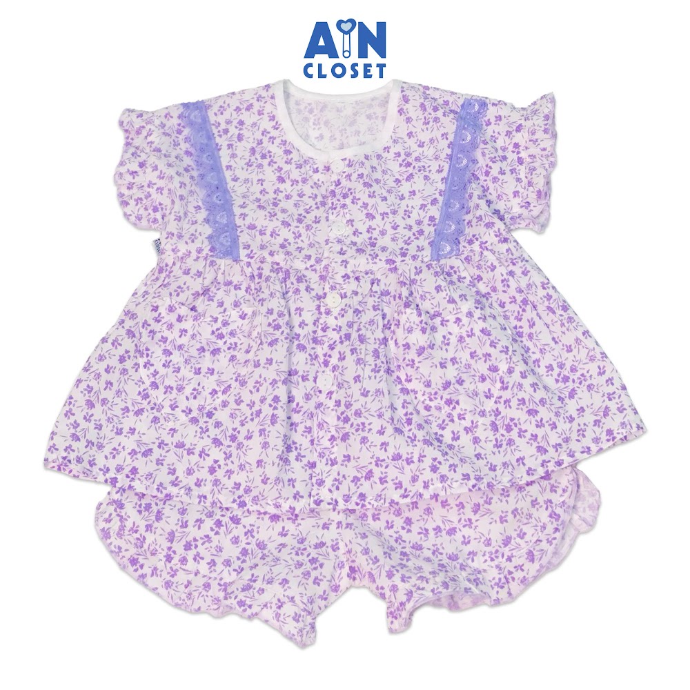 Bộ quần áo ngắn bé gái họa tiết Hoa nhí tím cotton - AICDBGYMSJNL - AIN Closet