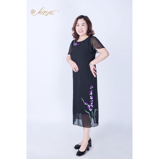 Váy trung niên/ Đầm trung niên - DV04 voan hoa ruybang tím