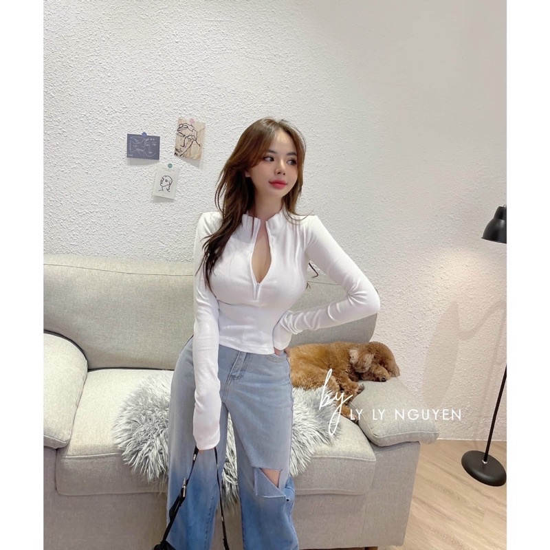 Áo thun tay dài dây kéo ngực thun gân dày